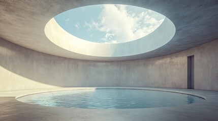 Poster - Empty circular concrete podium with a pool 3D rendering of an abstract interior featuring a curved skylight