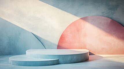 Poster - Light blue backdrop featuring a podium and minimal wall design blending abstract shapes in pastel hues Modern platform for showcasing 3D products illustrated in a contemporary style