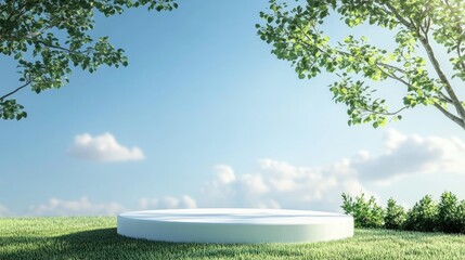 Poster - White podium in a natural setting surrounded by green grass and a clear blue sky 3D Illustration