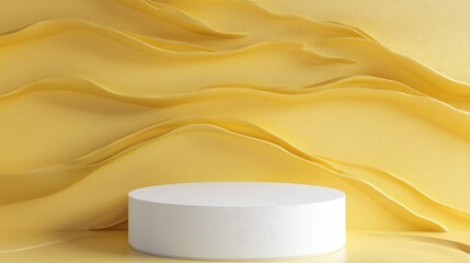 Poster - Blank mockup white textured podium against a portrait oriented yellow wave pattern background 3D rendering