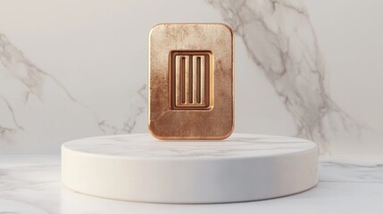 Poster - Bronze SIM card symbol displayed on a white marble podium Icon suitable for websites social media presentations and design templates 3D render