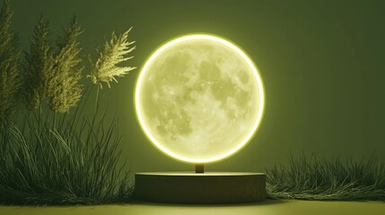 Poster - Empty podium featuring a neon moon against a lemon grass background 3D render of an abstract scene with a floating pedestal and a neon circle frame