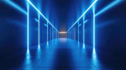 Poster - Abstract light tunnel with blue background featuring a portal illuminated by rays neon lights and spotlights Dark vacant setting enhanced by neon elements Symmetrical reflection and perspective in