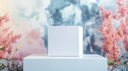 Poster - Minimal cube box on a natural beauty podium with an abstract background featuring pastel blue and coral colors Stylish 3D rendering suitable for social media banners promotional content and cosmet