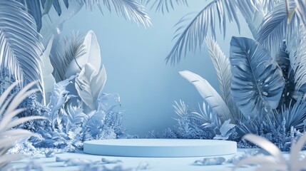 Fototapete - 3D rendering of an abstract podium display featuring tropical leaves and a blue pastel plant scene Concept for product promotion and advertising with a natural background in blue pastel tones