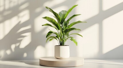 Poster - Product showcase pedestal featuring a potted plant with natural foliage in 3D rendering