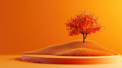 Aufkleber - Autumn themed background featuring a product presentation podium with a hill and tree on an orange backdrop 3D rendering