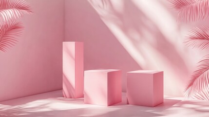 Fototapete - Abstract 3D pink cube and box podium in a minimal studio scene Geometric shape object illustration render for showcasing cosmetic and fashion products suitable for Valentine s themes