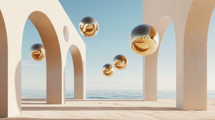Aufkleber - Abstract architectural design featuring arches and floating golden spheres against a sandy beach and sky backdrop 3D rendering with ample copy space Contemporary minimalistic illustration suitable