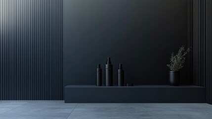 Poster - 3D rendering of a cosmetic product in an empty setting with a minimalist black wall Fashion display case showcase