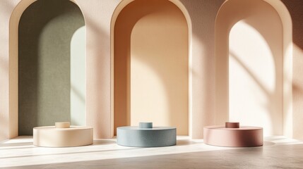 Poster - 3D illustration of a minimal pedestal scene featuring beautifully colored pedestals Elegant display background with podium for showcasing cosmetic products under studio lighting