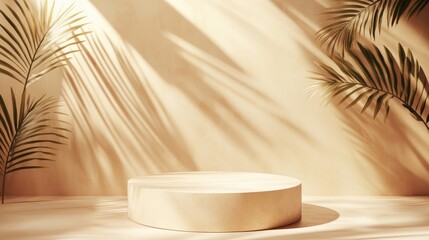 Poster - Tropical podium background for showcasing products featuring palm leaf shadows 3D rendering from an overhead perspective