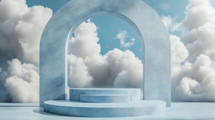 Poster - 3D Rendered Podium Stage with Abstract Cloud Backdrop