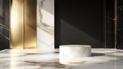 Poster - 3D abstract exhibition space featuring a realistic white marble pedestal in an elegant design Minimalist setting ideal for product showcase template presentation with a black and golden geometric 