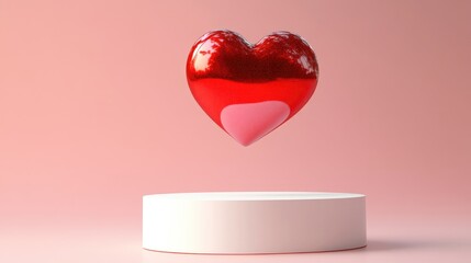 Poster - 3D rendering of a red heart floating above a white cylindrical podium set against a pink background for a romantic theme