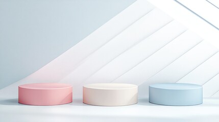Poster - Three vacant colorful stands set against an abstract white geometric backdrop Podium pedestal or platform for showcasing cosmetic products creating a minimalist mockup scene and concept template 3