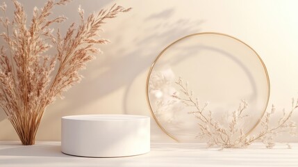 Poster - Cosmetic product display featuring a cylindrical white podium with a circular arch matte glass backdrop and gold accents on a light background 3D rendering illustration