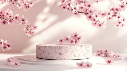 Poster - Cosmetic background featuring cherry blossoms and a stone podium on a white backdrop for branding and product presentation 3D rendering illustration
