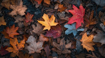 Aufkleber - Crisp autumn leaves scattered on a forest floor