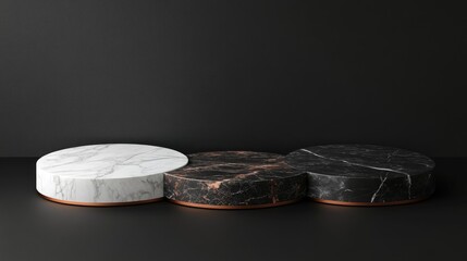 Poster - 3D abstract rendering of a marble podium in black white and copper set against a dark background A black platform designed for product display suitable for an interior awards ceremony