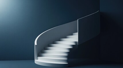 Poster - Round staircase featuring a geometric white pedestal on a dark background 3D illustration