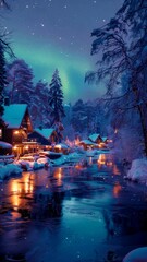 Wall Mural - Cozy cabins nestled in a snowy forest under a starry sky. AI.