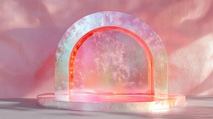 Poster - Stylish fashion podium backdrop for showcasing products featuring an abstract iridescent gemstone 3D render