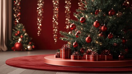 Aufkleber - Christmas and New Year themed product podium mockup display featuring a decorative tree 3D rendered background