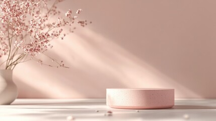 Fototapete - 3D rendering of a minimal scene featuring a blank podium with a romantic theme Display stand ideal for product presentation mock up Cylindrical stage in a soft pink hue with a simple design Charmi