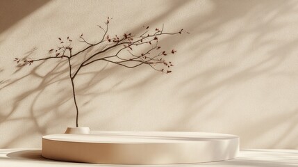 Aufkleber - Podium display against a soft pastel stucco backdrop Abstract geometric arrangement featuring a branch and shadow on the wall 3D rendering Suitable for exhibitions presentations and product brandi