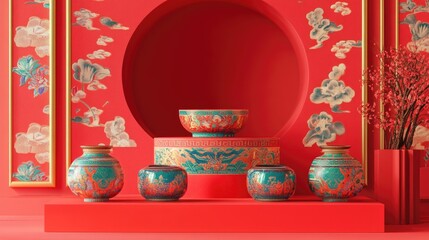 Poster - Product display podium featuring a vibrant red backdrop with a Chinese inspired design rendered in 3D