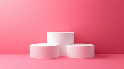 Poster - Abstract geometric setting featuring white podiums set against a solid pink backdrop 3D illustration