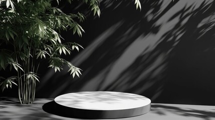 Poster - Product podium mockup featuring a black and white backdrop with tree shadows summer ambiance 3D rendered illustration