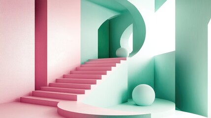 Aufkleber - 3D rendered illustration featuring a geometric composition that includes elements such as a staircase cone sphere quadrangle and cell Showcases a modern and trendy design in shades of pink white a