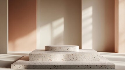 Aufkleber - Geometric shape backdrop featuring 3D rendered terrazzo and concrete podium in a square with shadows