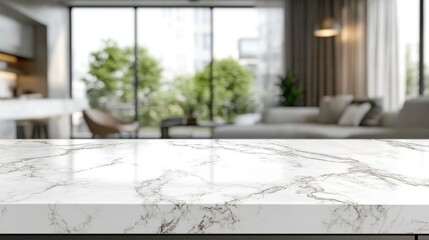 Poster - White marble table surface with a blurred abstract interior background suitable for product display or montage