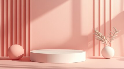 Aufkleber - Minimalist 3D podium against a pink backdrop for showcasing products Subtle color background featuring an empty podium and geometric forms