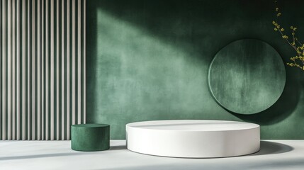 Poster - 3D rendering of a mockup scene featuring a white and green podium alongside a geometric circle in green