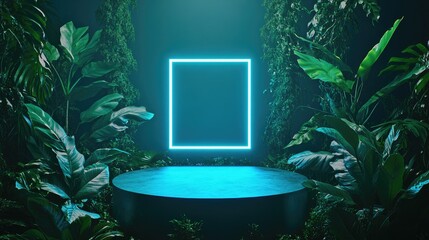 Aufkleber - Moss covered leaves and neon light design Three dimensional rendering of a blue square neon illumination paired with tropical foliage Three dimensional cylindrical podium Minimalistic setting for 