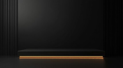 Fototapete - Black podium with a black background featuring illuminated advertising display 3D rendering