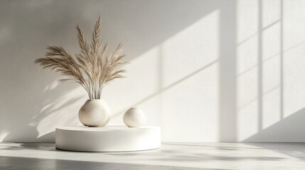 Poster - 3D rendered product display pedestal in a minimalist white interior