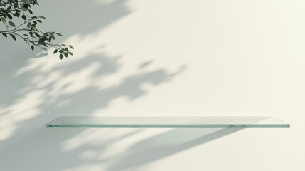 Poster - Minimalist white wall featuring a glass shelf for displaying products An empty space with tree leaf shadows 3D room background with ample copy space 3D rendered illustration