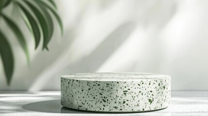 Poster - 3D render of a cylinder shaped podium with a square design and green terrazzo texture on a transparent background