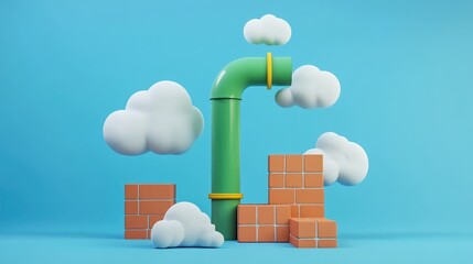 Poster - Minimalist composition featuring a green pipe at the center surrounded by brick blocks with white clouds against a blue backdrop Geometric design in 3D rendering suitable for product presentation