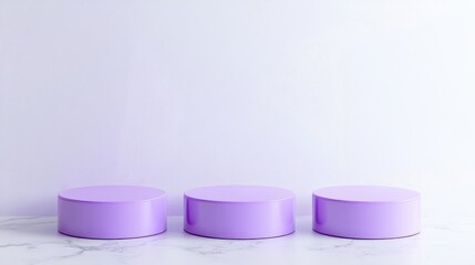 Poster - Three vacant glossy purple stands set against an abstract white geometric backdrop Podium pedestal and platform designed for showcasing cosmetic products Minimalist mockup scene concept template 3
