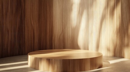 Poster - Wood display pedestal luxury wooden product stand empty circular wood podium conceptual stage showcase 3D rendering