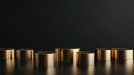 Poster - Minimalist abstract composition featuring golden cylindrical podiums against a black backdrop 3D rendering