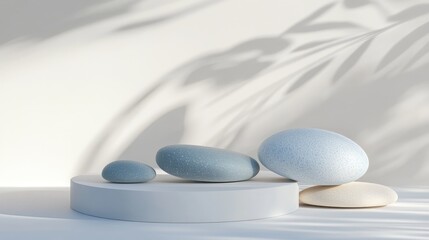 Leinwandbilder - Minimal product display stand featuring rocks and shadows Podium mock up in an abstract composition of white and blue pastels created through 3D rendering and illustration