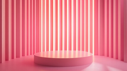 Poster - 3D rendering of a pink podium with illuminating lines against a minimalist pink background