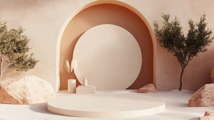 Aufkleber - Abstract desert backdrop featuring geometric shapes A natural beauty display setting with an arch frame for showcasing products 3D rendering